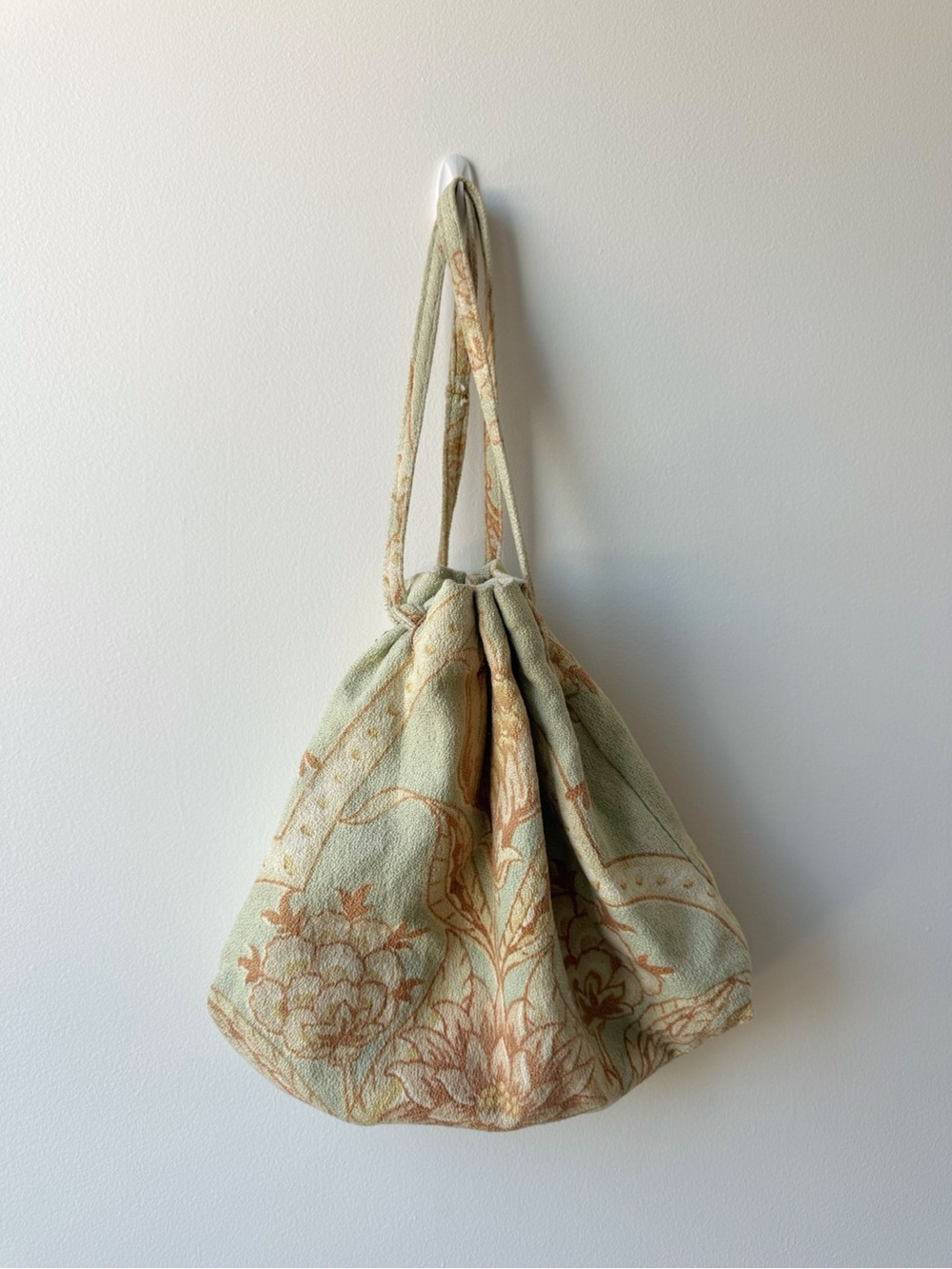 Handcrafted Sage Green Floral Drawstring Women's Tote Bag
